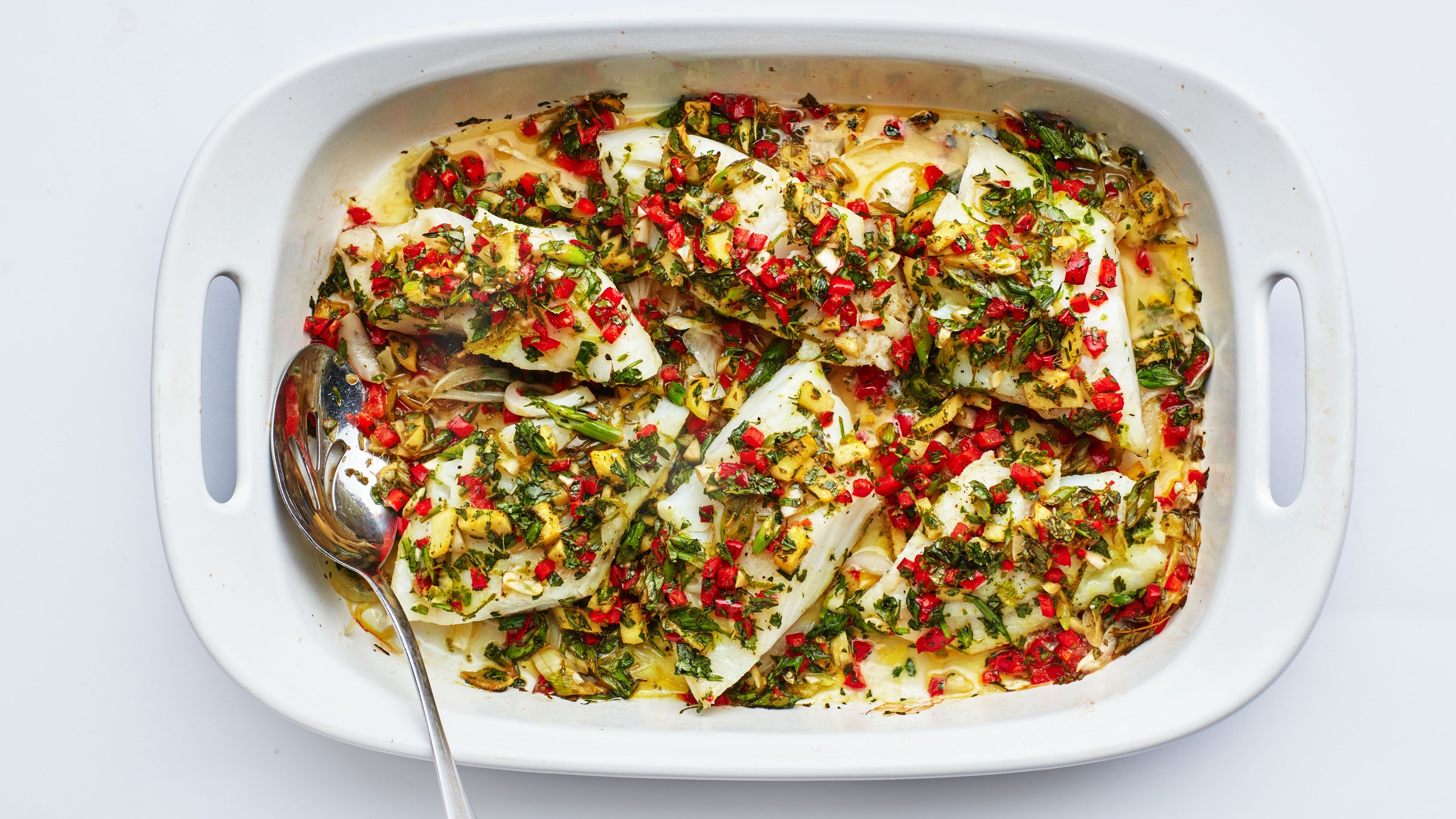 Photo of baked cod in dish